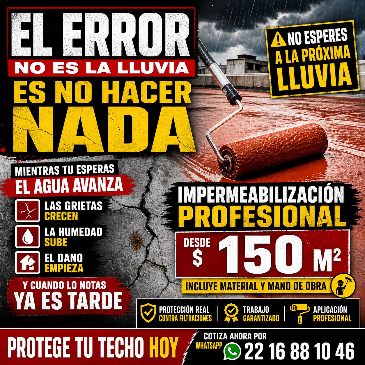 Flyer preventivo de impermeabilización con rodillo en azotea antes de temporada de lluvia