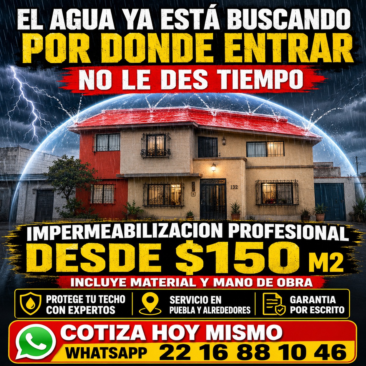 Flyer de impermeabilización profesional desde 150 pesos por metro cuadrado para servicio en Puebla